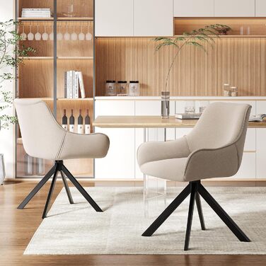 Набір обідніх стільців 6 шт. з підлокітниками, поворотні на 360°, з м'яким сидінням з льону, сучасний дизайн, металевий каркас, для кухні, вітальні, офісу, бежевий, 6 шт.