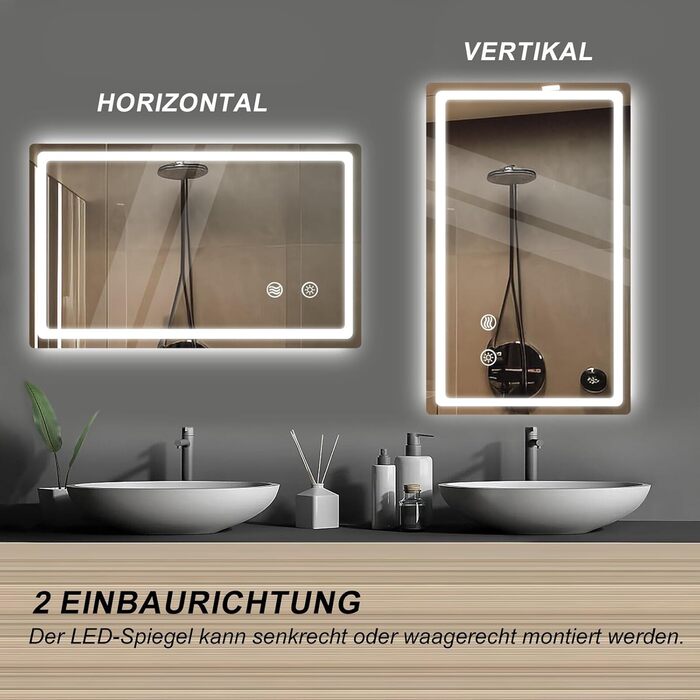 LED дзеркало для ванної кімнати KLGFI з підсвіткою, сенсорним вимикачем та функцією антизапар, 50 x 70 см