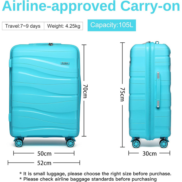 KONO середній валіза 65см з поліпропілену з TSA замком, 65x46x26.5см (кремово-білий)