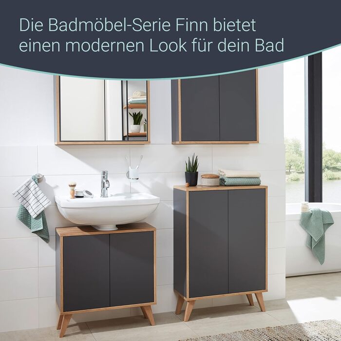 Умивальник FACKELMANN Finn коричневого кольору, 60 см, ретро-стиль, Push-to-Open, без ручок, Made in Germany (Антрацит, тумба під умивальник на ніжках)