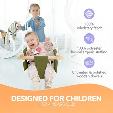 Дитяча гойдалка Cateam з дерева для дому та саду. Безпечна гойдалка для малюків від 12 місяців, різні кольори (зелений).