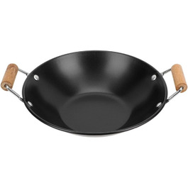 Сковорода вок з нержавіючої сталі OSALADI з плоским дном, подвійною дерев'яною ручкою, міцною сковородою вок, кухонними аксесуарами (чорна)