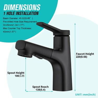 Сучасний змішувач для ванної кімнати CREA з висувною лійкою, 2 режими струменя, одноlever, з міді з хромовим покриттям (чорний)