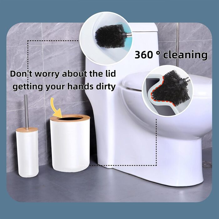 Набір аксесуарів для ванної кімнати, 9 шт. з бамбука: сміттєвий бак, дозатор мила, тримач для зубних щіток, щітка для унітазу, контейнер для ватних паличок, мильниця (білий мат)