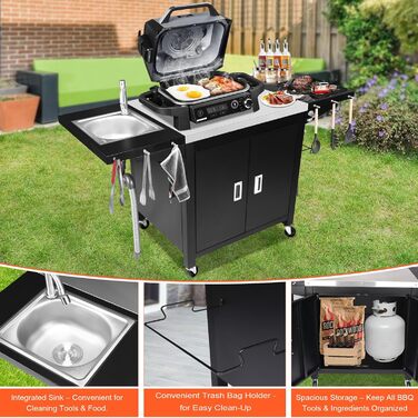 Гриль-вогн на колесах GFTIME: мобільний стіл для піци з нержавіючої сталі, кухонний острів з шафкою та полицями, 154 x 63 x 89 см