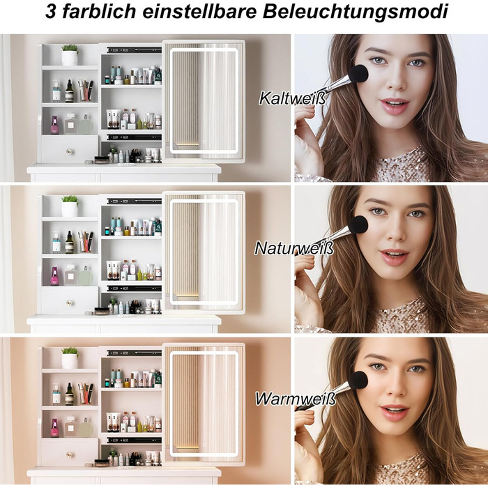 Дзеркальний туалетний столик YuYe з LED-підсвічуванням, регульованою яскравістю, з пуфом, 5 шухлядами та 3 полицями, білий, модель T68