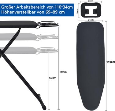 Складна прасувальна дошка Hazeatte, 110x34см, регульована, полиця для праски, протиковзка, темно-сірий