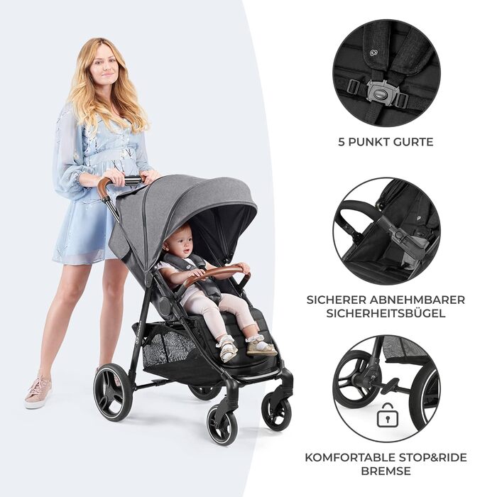 Дитяча коляска Kinderkraft Grande Plus, сіра, від народження до 22 кг, складається однією рукою, регульована спинка, великий капюшон з віконцем, амортизація всіх коліс
