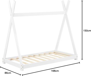 Ліжко дитяче Onejda від en.casa, Tipi-дизайн, 80x160 см, з натурального дерева, біле