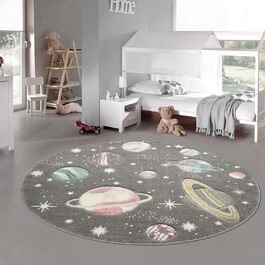 Килим Dream Дитячий килим Space with Stars & Planets, пастельний сірий, 160 см круглий