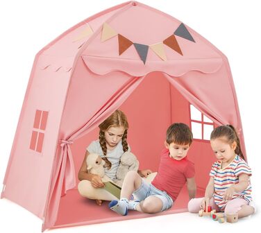 Дитяче намет-будиночок HOMASIS для гри в приміщенні, рожевий: зі світлячками, килимком, вікнами та фіранками