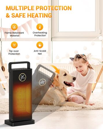 Електричний обігрівач з керамічним нагрівачем, 3 режими, 2000W, осциляція 70°, захист від перекидання, тихий обігрівач для дому та офісу