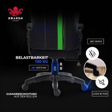 Крісло геймерське KRAKEN CHAIRS - ергономічне, тканинне, для комп'ютера, 130 кг, чорно-зелене