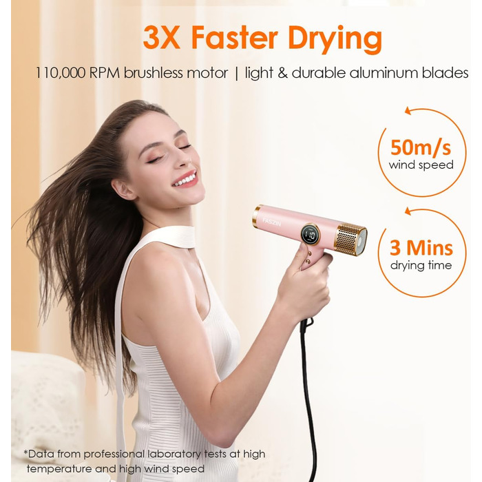 Фен для волосся Faszin з іонізацією, 110 000 RPM, LED-дисплей, 3 насадки, рожевий