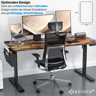 Електричний регульований стіл KESSER® 180x80 см | Ергономічний стіл для стоячи/сидячи | Пам'ять 3 функцій | З роликами 360° та USB-зарядкою | Стіл для офісу вдома, коричневий