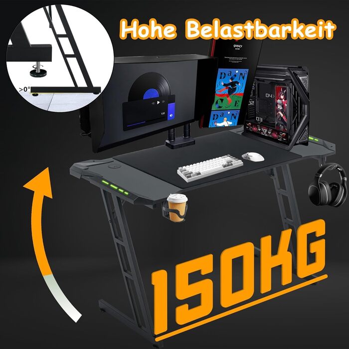 Ігровий стіл XMTECH 140x60 см з RGB LED, карбонова поверхня, ергономічний, з тримачем для навушників та підставкою для напоїв, чорний