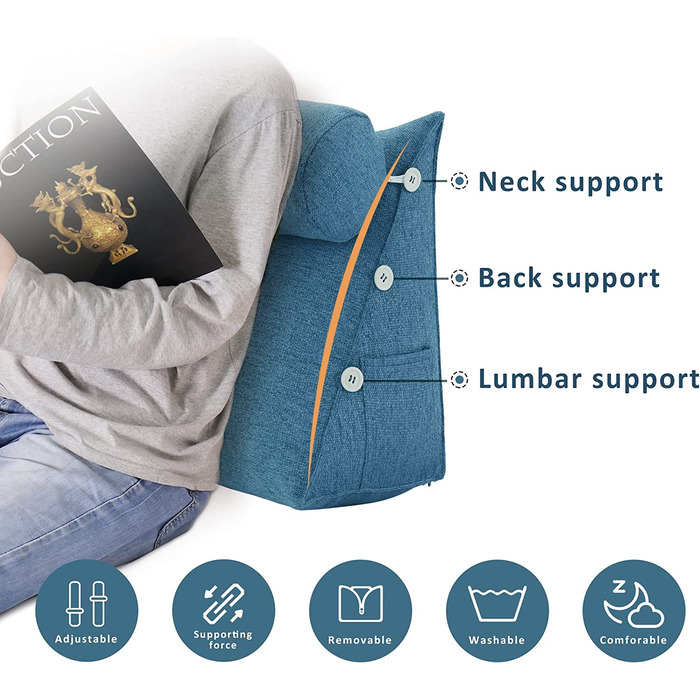 Подушка для спини, трикутна подушка для тіла, підголовник, подушка для ліжка, спинка для дивана, велика подушка для тіла, 60 см (Блакитний)