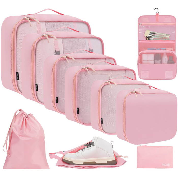 Набір органайзерів для одягу в подорож BAGAIL, 10 шт., компресійні пакувальні куби для валізи та ручної поклажі, рожевий