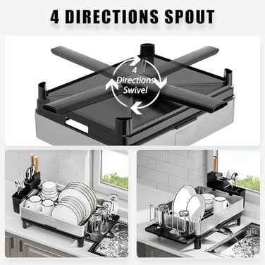 Сушарка для посуду Ewaiira з нержавіючої сталі, чорна, 1 ярус, з обертовим краном 360° та тримачем для столових приладів