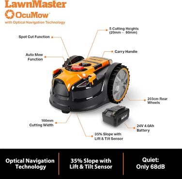 Робот-газонокосарка LawnMaster OcuMow 24V MAX з оптичною навігацією, автоматичним обходом перешкод і точним підрізанням, комплект з 10-дюймовим тримером для трави