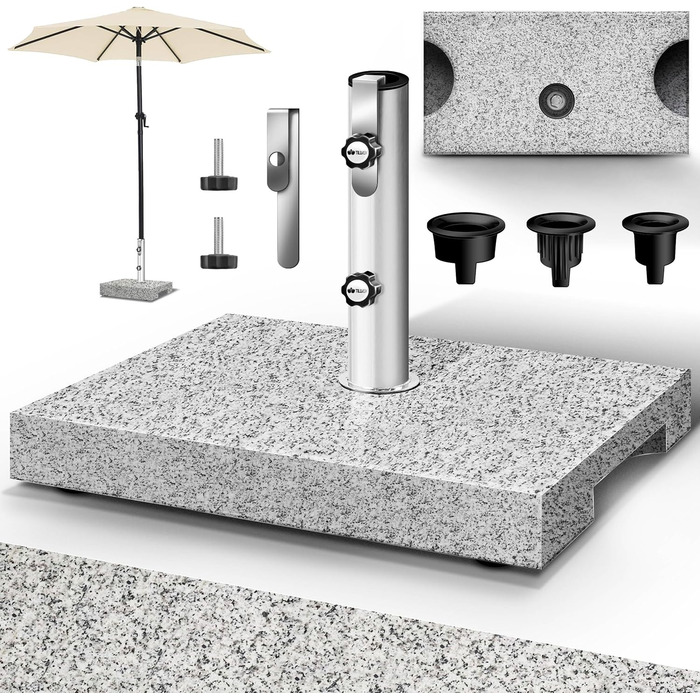 Підставка для парасольки Tillvex® Granit на колесах з ручкою для перенесення, 27 кг | Підставка для парасольки з нержавіючою сталею | Підставка для парасольки на балкон, діаметр 250 см, для стійок 16-48 мм (Прямокутна, сіра)