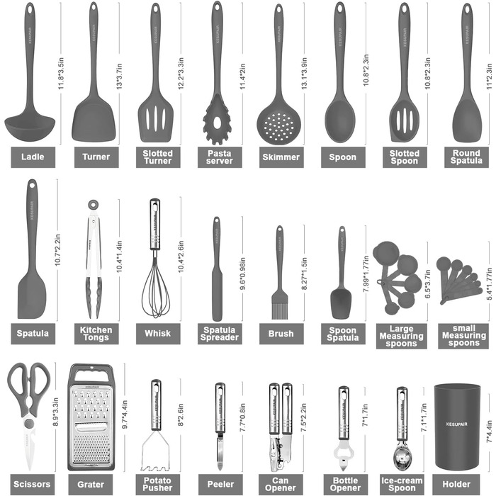 Набір кухонного приладдя з термостійкого силікону щипці, шпатель, шпатель, ложка, овочечистка (сіра)