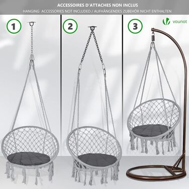 Підвісне крісло-гойдалка VOUNOT з полицею для книг та подушкою, для дому та саду, діаметр сидіння 80 см, X-Large (Сірий)