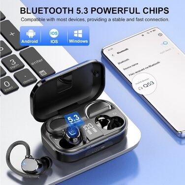 Спортивні навушники Bluetooth 5.3, 120 год, LED, глибокі баси, IP7, вушні дроти, чорний