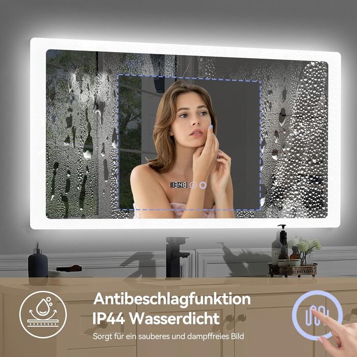 Дзеркало для ванної кімнати YOURLITE з LED-підсвічуванням 100x60 см, сенсорне управління, годинник, антизапотівання, 3 кольори світла, регулювання яскравості, функція пам'яті, білий - 60100