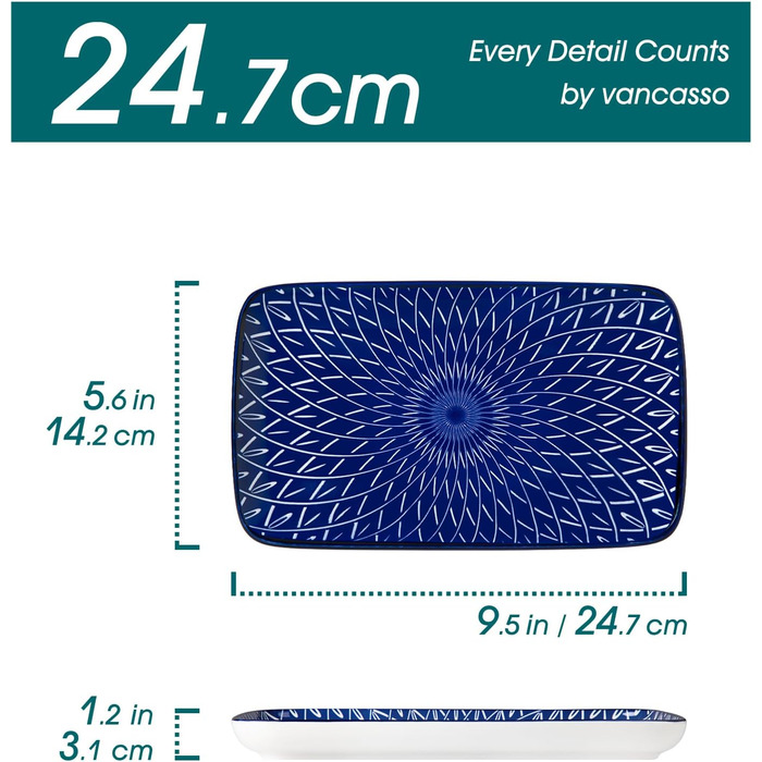 Набір тарілок Vancasso SELENE, 6 шт., прямокутні, 22x13 см, блакитні - для закусок, суші, десертів, фруктів