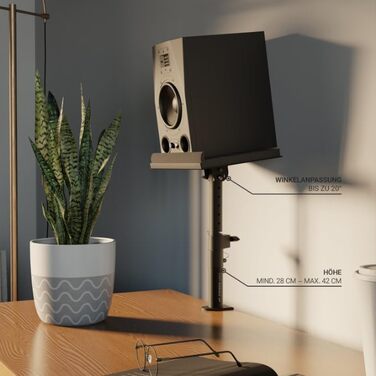 Стійка для акустики Sprenger з кріпленням для столу – регулювання ±20°, до 28кг – з демпфером з піни – стабільна та міцна – для студії, столу та DJ-setup – чорний колір