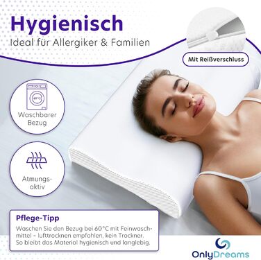 Ортопедична подушка для шиї OnlyDreams з гелевим шаром | Регульована висота + вибір жорсткості | Чохол з алое вера | Підходить для сну на спині, животі та боці - Оeko-TEX® (Memory Foam, 60x32x12/10 см)