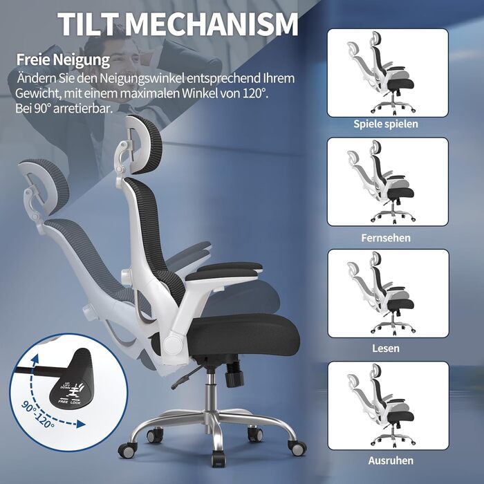 Офісне крісло TRALT Ergonomiczne - ігрове крісло з регульованою підголівником та підтримкою попереку, для дому та офісу, комп'ютерне крісло для великих людей, сітчасте крісло, 150 кг (білий, чорний)