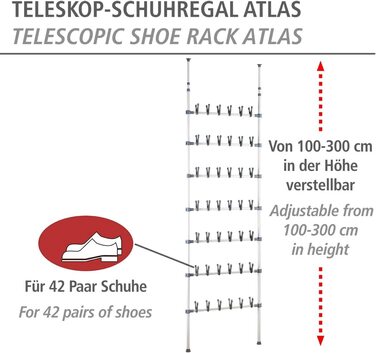 Телескопічне сховище для взуття WENKO на 42 пари взуття, висота від 100 до 300 см, металеве, біло-сіре (комплект з системою сортування), висувне телескопічне.