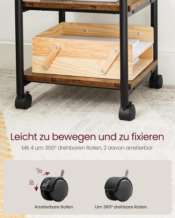 Столик для принтера VASAGLE з роликами, 3-рівневий, регульована стільниця, промисловий стиль, для офісу/кабінету, вінтажно-коричнево-чорний, OPS003B01V1