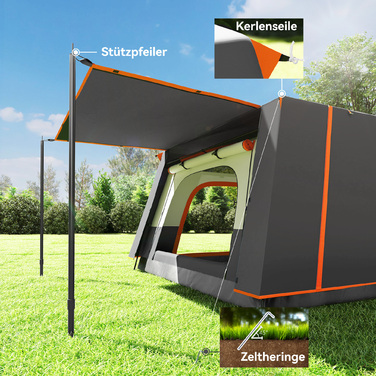 Намет для кемпінгу на 4-6 осіб: легкий, міцний, водонепроникний тунельний намет з тамбуром, підлогою та темно-сірим кольором.