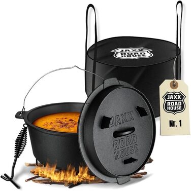 Чавунний казан JAXX Roadhouse Original Dutch Oven (9л) з кришкою, піднімачем та сумкою для перенесення, для відкритого вогню та плити
