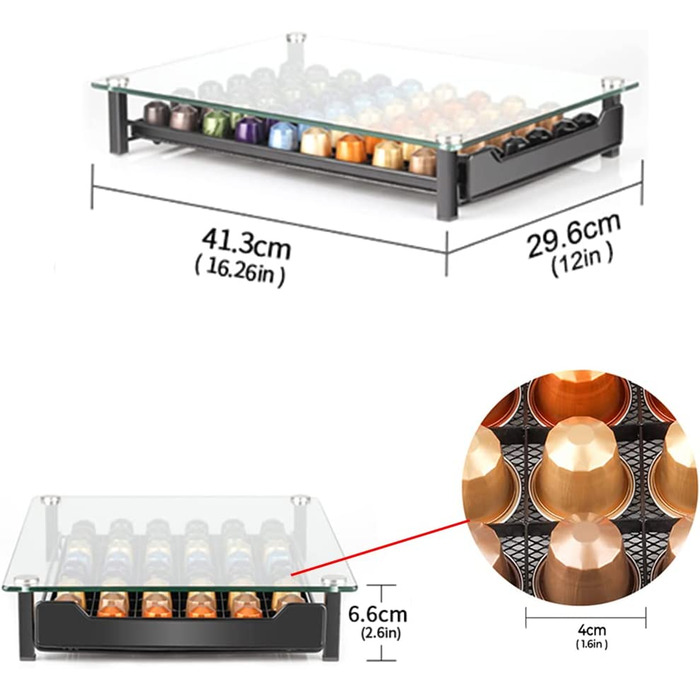 Тримач для кавових капсул Ящик для зберігання, сумісний з кавовими капсулами Nespresso, кухонний органайзер чорного кольору вміщує 60 капсул