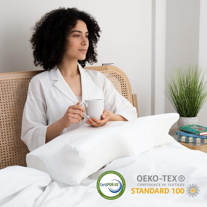 Ортопедична подушка для шиї Elviros з піни Memory Foam, ергономічна, для сну на спині, боці та животі, знімний охолоджуючий чохол, 64×(11,5/13)×40 см, сірий