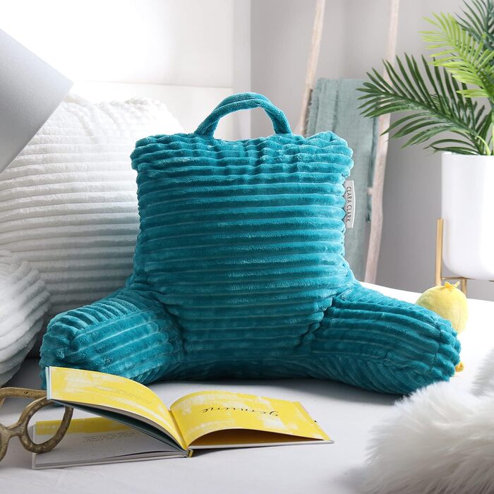 Крісло-подушка Clara Clark для дорослих - спинка для сидіння в ліжку, стандартна плюшева подушка для ліжка, подушка з наповнювачем з подрібненого пінополіуретану з підлокітниками та кишенями, срібляста (Small, блакитно-зелений)