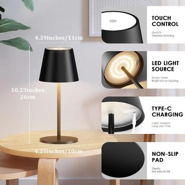 Лампа настільна LED акумуляторна Lundwa 26см, 5000mAh, 3W, 3000K, IP54, для кемпінгу, ресторану, спальні, бару (Чорний, 1 шт.)