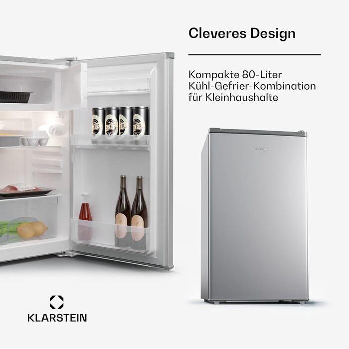 Холодильник Klarstein, міні-холодильник для напоїв, 46л, срібляний, з функцією охолодження до 10°C, для дому, офісу, кемпінгу