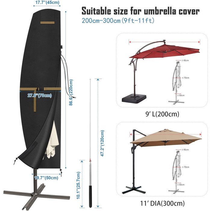 Захисний чохол для подвійного парасоля VANSHEIM, діаметр до 400 см. Водонепроникний, захист від УФ-променів. Підходить для парасолів-наметів з ніжкою. Розмір 460x270 см (220x45/70/50 см).