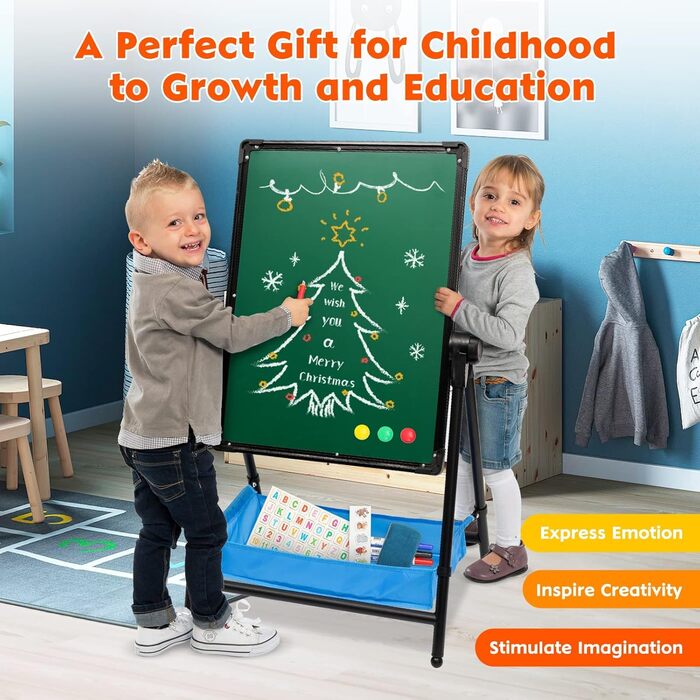 Дитяча мольберт Kinderstaffelei, двосторонній, складний, регульований по висоті, з місцем для зберігання, 360° обертання, мольберт та дошка для малювання з набором літер та цифр, для хлопчиків та дівчаток (Чорний)