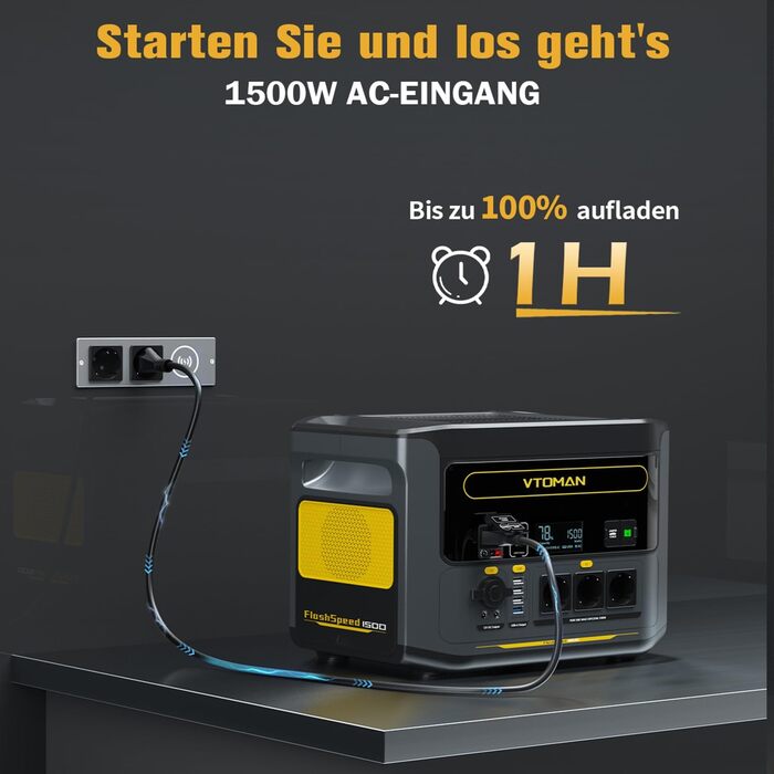 Портативна електростанція VTOMAN FlashSpeed 1500 - сонячний генератор 1548Wh з 3 розетками по 1500W (3000W пік), швидка зарядка 0-100% за 1 годину, акумулятор LFP для кемпінгу, подорожей, надзвичайних ситуацій