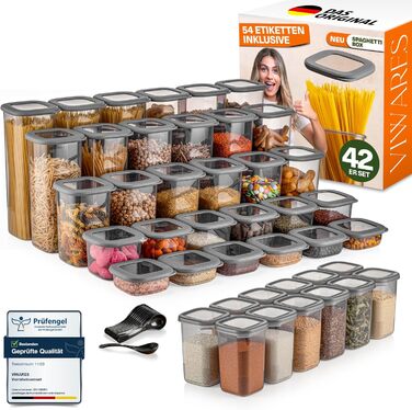 Набір контейнерів для зберігання продуктів 18 шт. – включає 2,0L контейнер для спагеті, 6 банок для спецій з дозувальними кришками, стекові контейнери з кришками, герметичні, без BPA, 52 етикетки (набір 12 шт.) + 6 дозатори спецій (набір 42 шт., сірий)