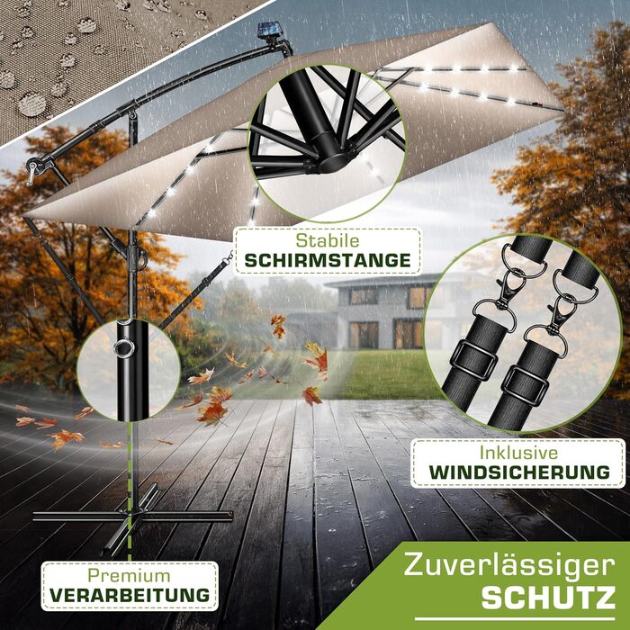 Прямокутна садова парасолька tillvex® Alu 330 см з LED-підсвіткою, ручкою та чохлом, колір Капучино — Алюмінієвий зонт-ампел з стійкою, захистом від вітру та UV-променів, водонепроникний, поворот на 360°