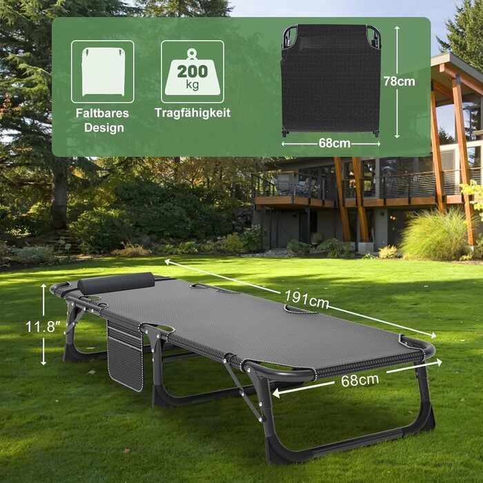 Складне ліжко-шезлонг – 200 кг, з матрацом, кишенями, регульованою спинкою та підголівником – для офісу, тераси, саду, кемпінгу та відпочинку на сонці (Блакитний Літтер)