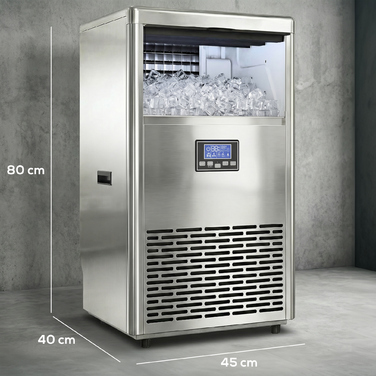 Промисловий льодогенератор на 45 кг/24 год, з нержавіючої сталі, об'ємом 15 кг, з функцією самоочищення, сріблястого кольору