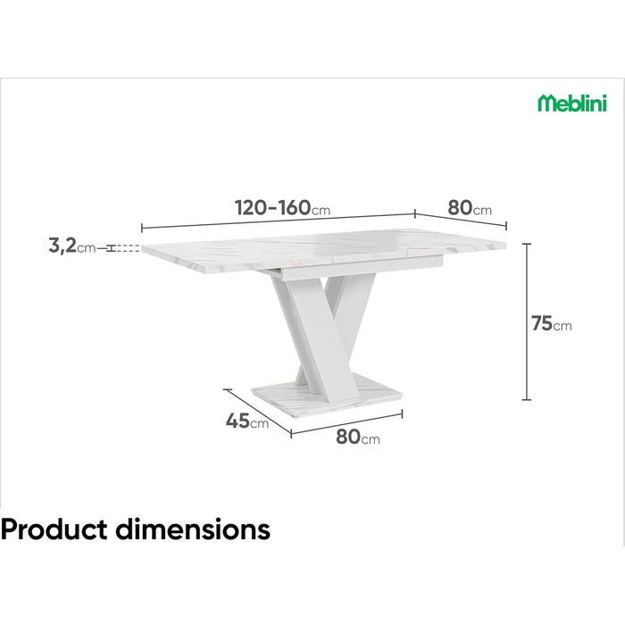 Обідній стіл MebleIni розсувний, сучасний дизайн, кухонний стіл, колона, чорний/білий глянцевий, 120-160x80x75 см, стільниця з білого мармуру/білий матовий